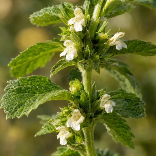 Mélisse citronnelle (Melissa officinalis) — tiges dressées avec petites fleurs blanches et feuillage · Photo d'illustration