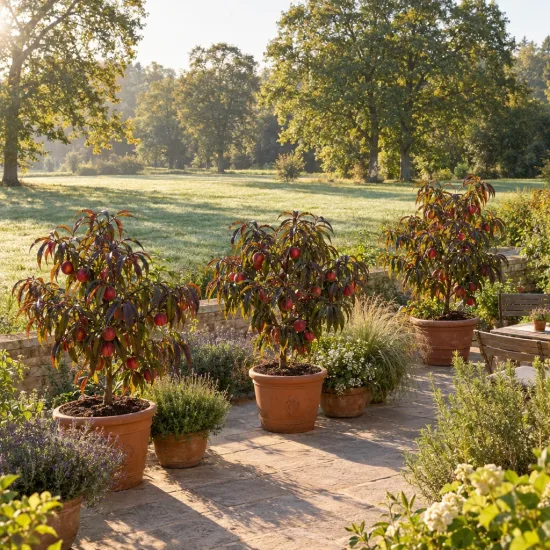 Pêcher 'Crimson bonfire' (Prunus persica) — petits arbres fruitiers en pot sur terrasse · Photo d'illustration