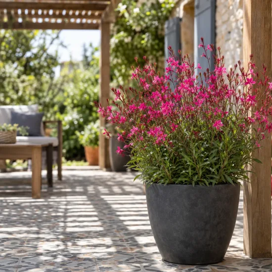 Gaura compacte rose 'Sel belleza dark pink' (Gaura lindheimeri) — plante fleurie rose en pot sur terrasse · Photo d'illustration