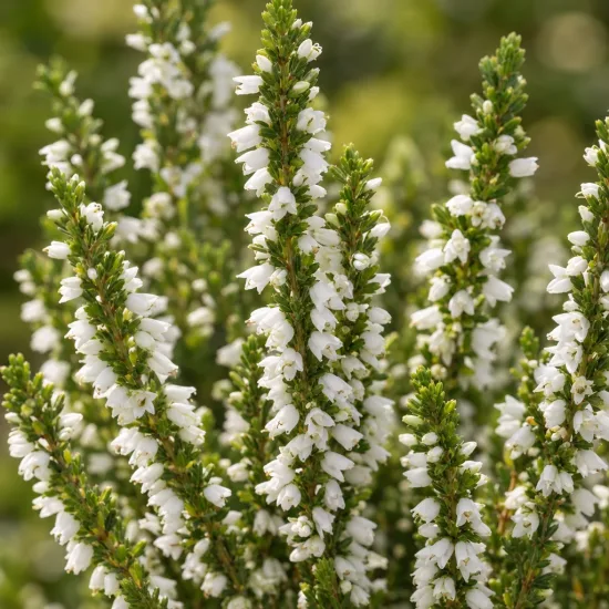 Bruyère commune 'Stephanie blanc' (Calluna vulgaris) — grappes serrées de petites fleurs blanches