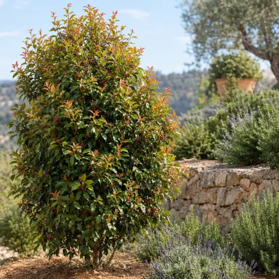 Laurier du portugal 'Tico' (Prunus lusitanica) — arbuste dense isolé dans un jardin méditerranéen