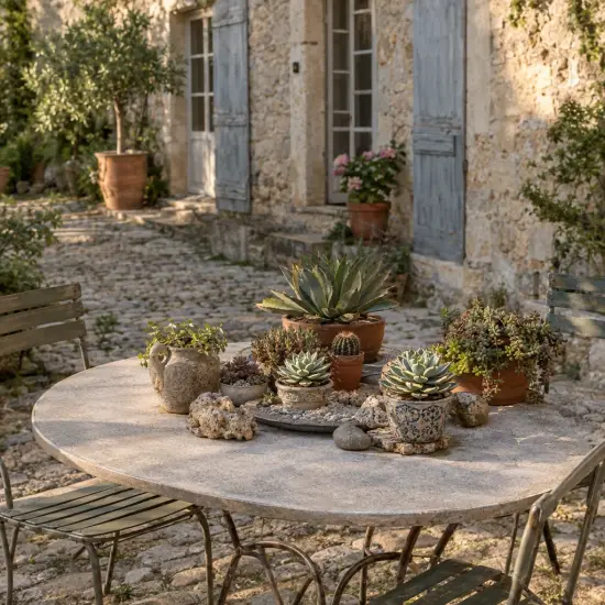 Agave '(cv. shoji-raijin) f. variegata' (Agave potatorum) — succulentes variées en pots sur table de jardin
