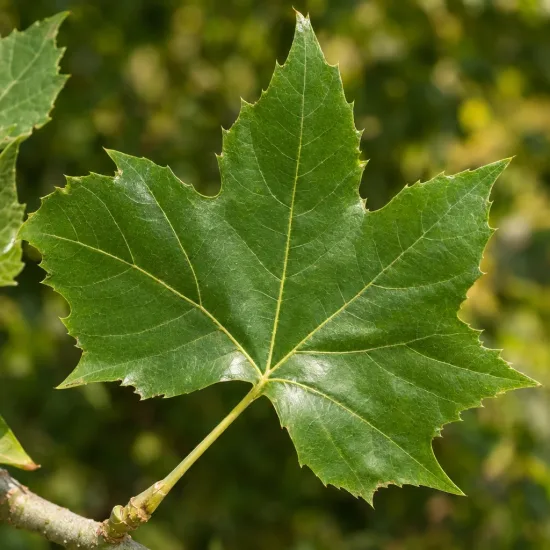 Platane à feuilles d'érable pyramidal 'Pyramidalis' (Platanus × hispanica) — grand limbe vert brillant à lobes pointus · Photo d'illustration