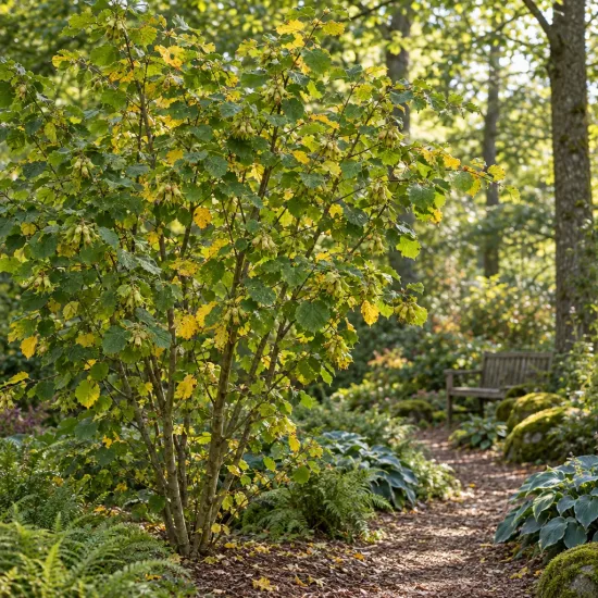Noisetier 'Longue d'espagne' (Corylus avellana) — arbuste feuillu au bord d’un sentier de jardin · Photo d'illustration
