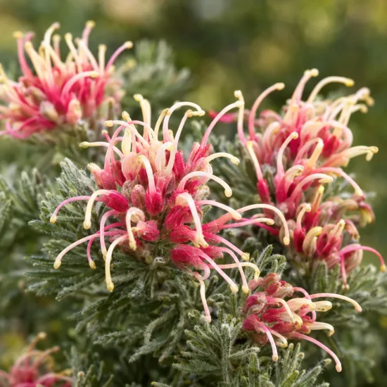 Grévilléa (Grevillea lanigera) — fleurs tubulaires bicolores sur feuillage fin et dense · Photo d'illustration