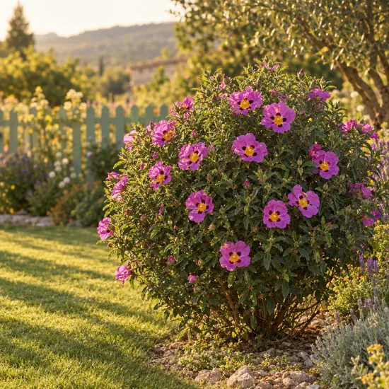 Ciste pourpre (Cistus purpureus) — arbuste arrondi fleuri rose dans un jardin · Photo d'illustration
