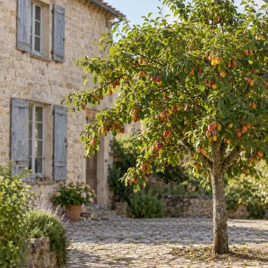 Prunier 'Victoria' (Prunus domestica) — arbre fruitier chargé de prunes près d’une maison