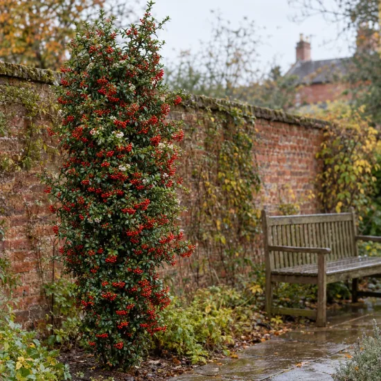 Buisson-ardent 'Red column' (Pyracantha) — arbuste élancé couvert de petites baies rouges · Photo d'illustration