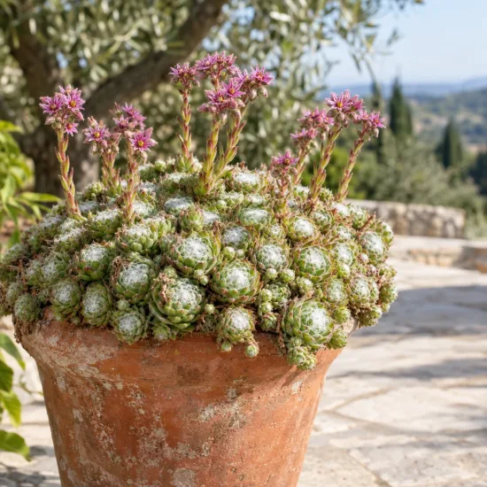 Joubarbe à rosette vert et blanc au centre 'Cotton candy' (Sempervivum) — succulente en pot terracotta avec fleurs roses · Photo d'illustration