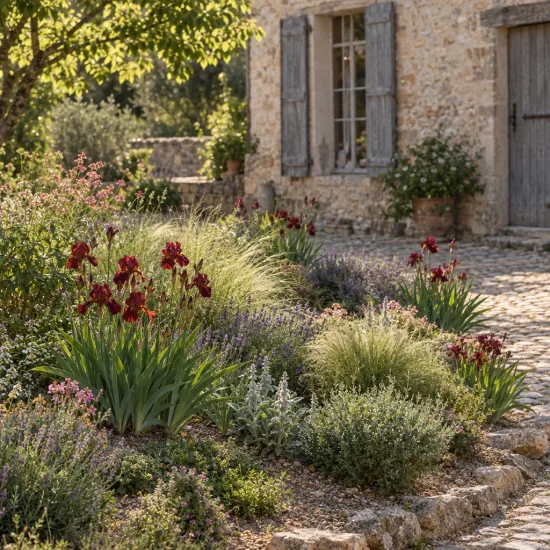 Iris d'allemagne 'Vitafire lie de vin' (Iris germanica) — massif fleuri bordant une maison en pierre · Photo d'illustration