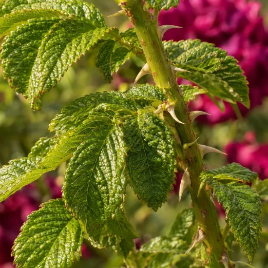 Rosier rugueux poupre 'Roseraie de l'haÿ' (Rosa rugosa) — tige épineuse avec feuilles vertes, fleurs floues derrière · Photo d'illustration