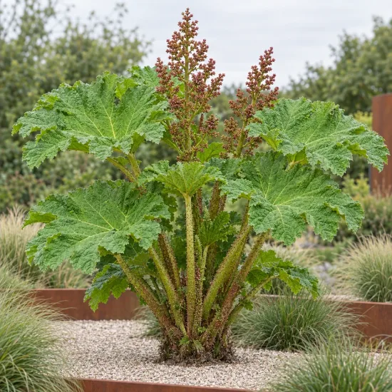 Rhubarbe géante (Gunnera manicata) — grand plant luxuriant dans massif minéral contemporain · Photo d'illustration