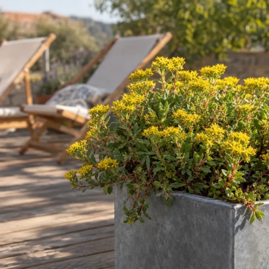 Orpin de takeshima (Sedum takesimense) — plante fleurie en pot sur terrasse en bois · Photo d'illustration