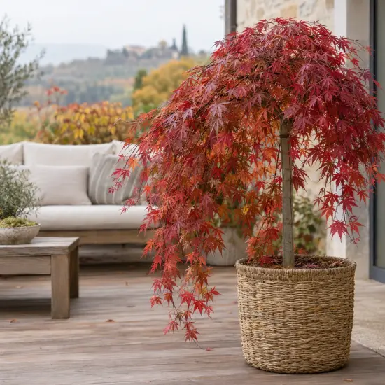 Érable du japon 'Cascade ruby' (Acer palmatum) — arbuste retombant en pot tressé sur terrasse