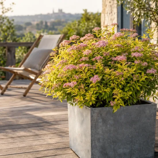 Spirée du japon 'Goldmound' (Spiraea japonica) — arbuste fleuri en pot carré sur terrasse · Photo d'illustration