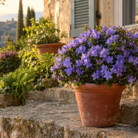 Azalée japonaise 'Blue danube bleu' (Azalea japonica) — buisson fleuri violet en pot sur marches · Photo d'illustration