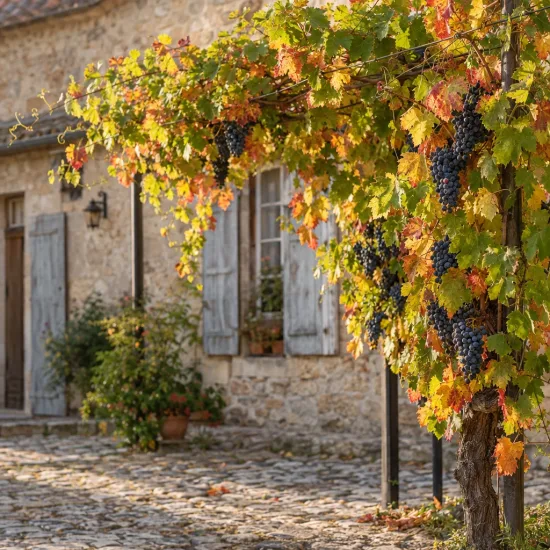 Cépage noir 'Pinot d'aunis' (Vitis vinifera) — vigne palissée avec grappes de raisins mûrs · Photo d'illustration