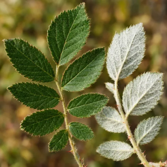 Ronce de cockburn (Rubus cockburnianus) — deux folioles opposées, vertes et argentées duveteuses · Photo d'illustration