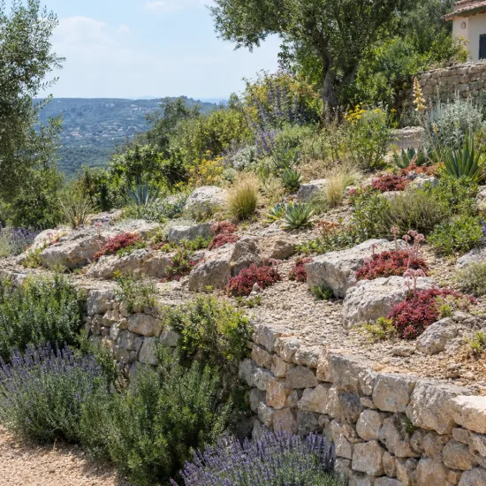 Joubarbe rouge 'Belsemred1' (Sempervivum) — massif de rocailles avec succulentes colorées en pente · Photo d'illustration