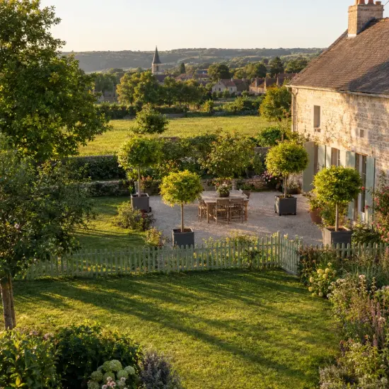 Charme commun 'Minor globe' (Carpinus betulus) — terrasse de jardin avec arbres en pot