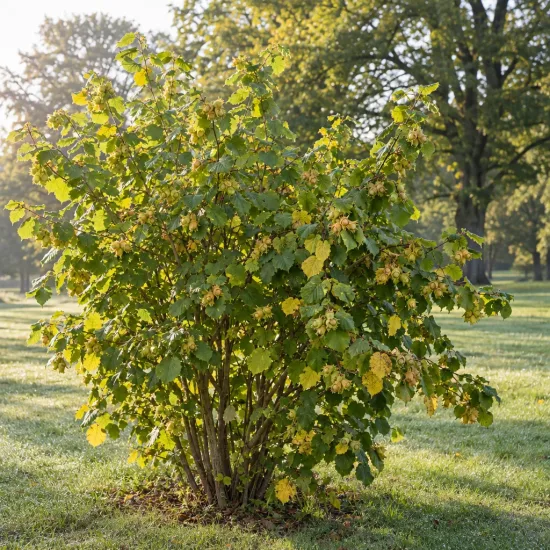 Noisetier 'Land tidlig zeller' (Corylus) — arbuste buissonnant isolé dans une pelouse · Photo d'illustration