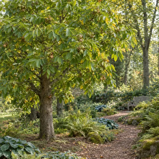 Noyer chandler 'Chandler' (Juglans regia) — grand arbre fruitier au bord d'un sentier · Photo d'illustration