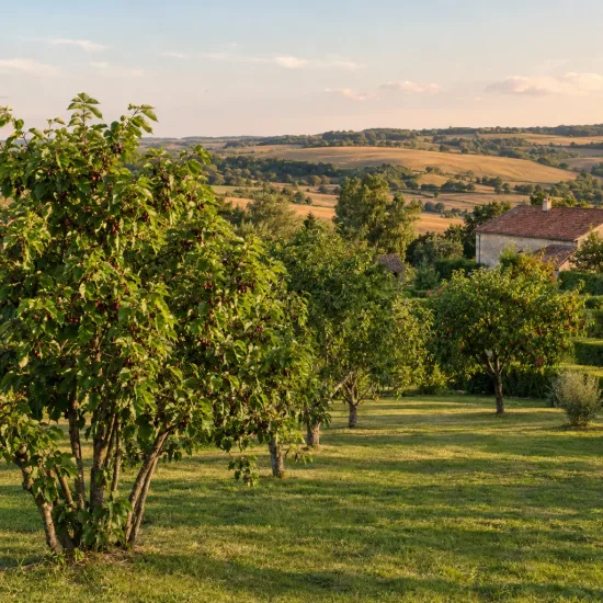 Mûrier japonais 'Shin-tso' (Morus) — alignement d'arbres fruitiers dans un paysage vallonné · Photo d'illustration