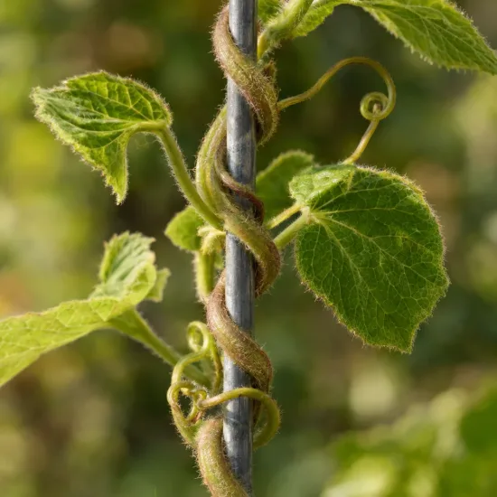 Kiwi 'Male' (Actinidia) — jeunes tiges grimpantes enroulées autour d’un tuteur · Photo d'illustration