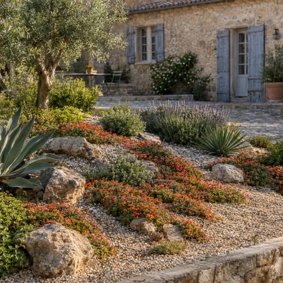 Pourpier vivace 'Red mountain' (Delosperma dyeri) — massif de vivaces fleuries dans jardin méditerranéen · Photo d'illustration
