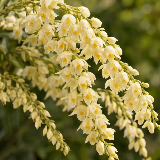 Orchidée (Dendrobium cobbianum) — longues grappes de petites fleurs crème pendantes · Photo d'illustration