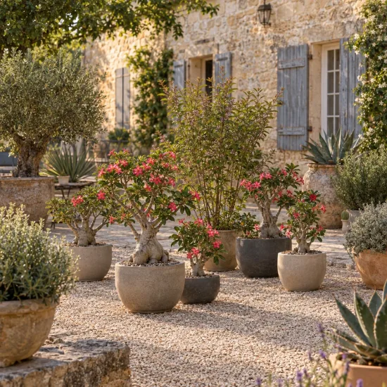 Arbre aux bonbons (Callicarpa kwangtungensis) — pots de plantes méditerranéennes devant maison en pierre · Photo d'illustration