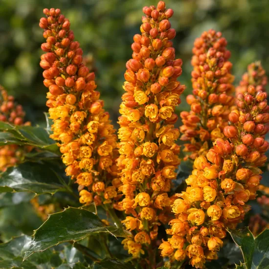 Mahonia brillant 'Cabaret' (Mahonia nitens) — grappes serrées de petites fleurs jaunes orangées · Photo d'illustration