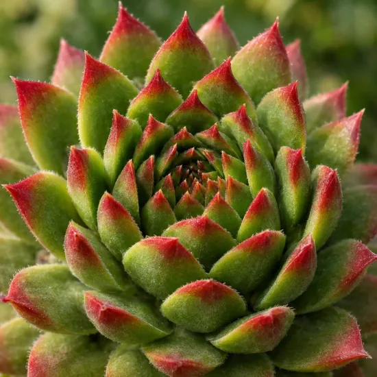 Succulente 'Feuerrad' (Jovibarba × nixonii) — rosette serrée de feuilles charnues bicolores · Photo d'illustration