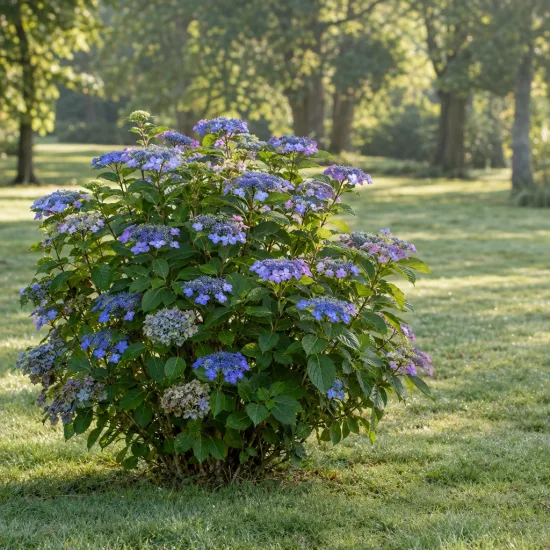 Hortensia 'Blaumeise' (Hydrangea macrophylla) — arbuste à fleurs bleues au milieu d'une pelouse · Photo d'illustration