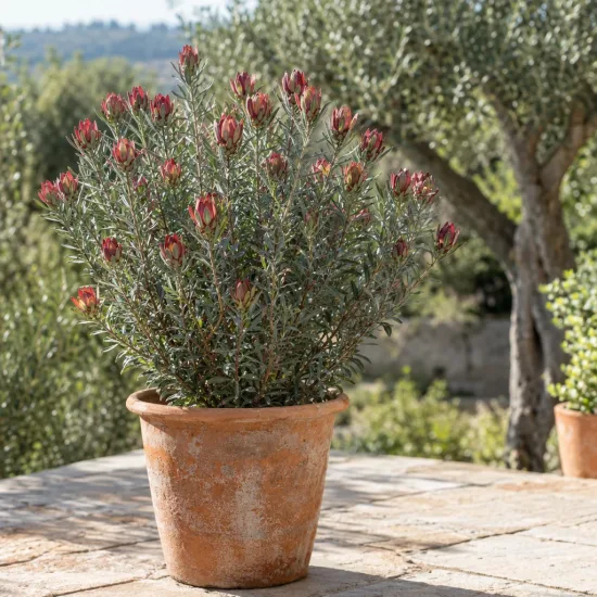 Leucadendron 'Jubilee crown' (Leucadendron lanigerum) — arbuste en pot avec nombreux boutons floraux rouges · Photo d'illustration