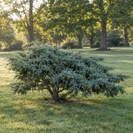 Genévrier 'Grey owl' (Juniperus virginiana) — arbuste étalé isolé sur pelouse de parc