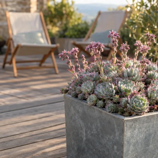 Joubarbe sugar shimmer 'Chick charms sugar shimmer' (Sempervivum) — succulente en fleurs dans un grand pot carré · Photo d'illustration