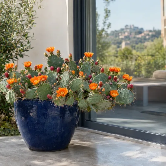 Cactée 'Orangeade' (Opuntia phaecantha) — cactus en pot bleu avec fleurs orange · Photo d'illustration
