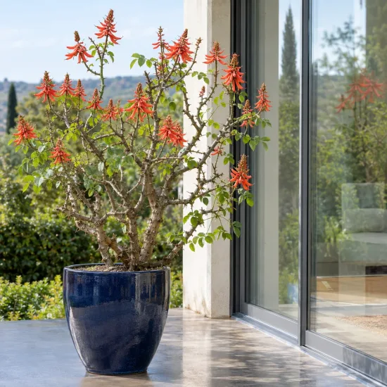 Erythrine crête de coq (Erythrina corallodendron) — arbuste fleuri en pot bleu sur terrasse · Photo d'illustration