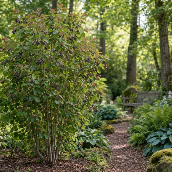 Amélanchier nain (Amelanchier spicata) — arbuste avec grappes de fruits sombres en sous-bois · Photo d'illustration