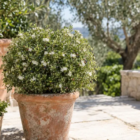 Myrte compact panaché blanc (Myrtus microphylla) — arbuste dense en boule dans grand pot terre cuite