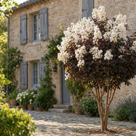 Lilas des indes 'White queen' (Lagerstroemia indica) — arbuste fleuri devant maison en pierre
