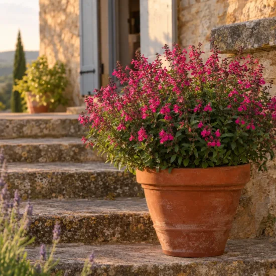 Sauge arbustive rose foncé 'Hot pink' (Salvia greggi) — massif de petites fleurs roses en pot terre cuite · Photo d'illustration