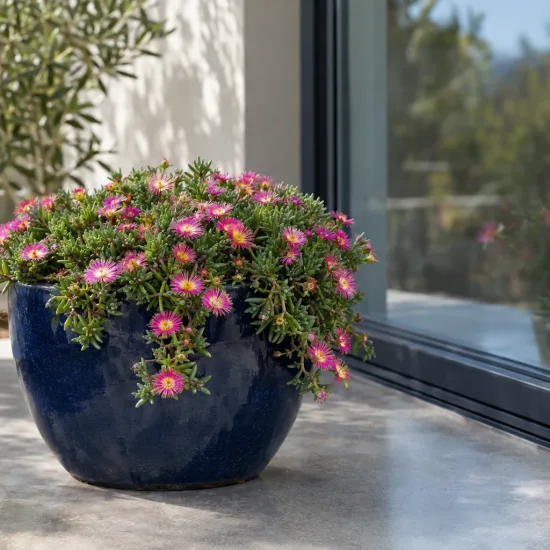 Pourpier vivace 'Clown' (Delosperma) — plante fleurie en pot rond bleu sur terrasse · Photo d'illustration