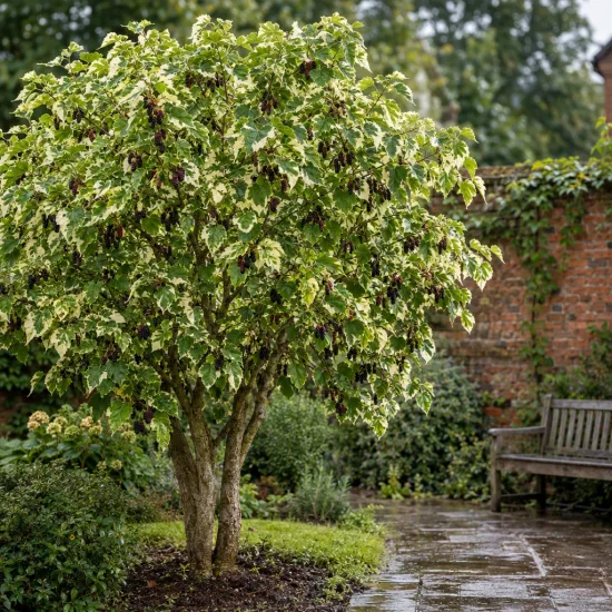 Mûrier blanc 'Papers doll' (Morus alba) — arbre au feuillage panaché près d'une allée · Photo d'illustration