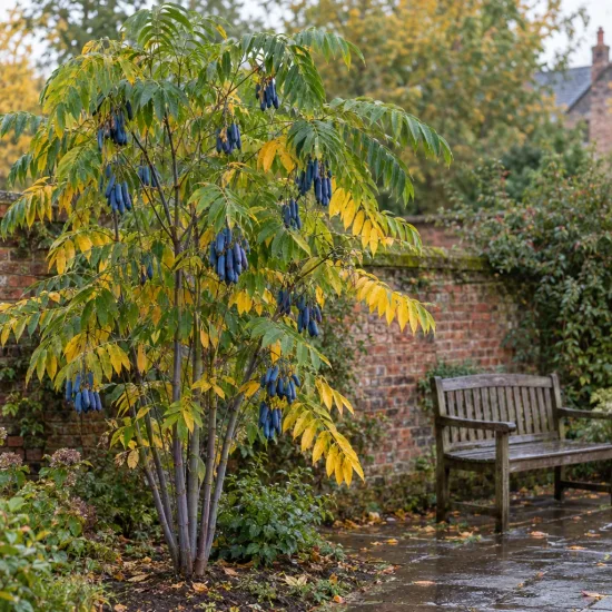 Arbre aux haricots bleus (Decaisnea fargesii) — arbuste aux fruits allongés bleus dans un jardin · Photo d'illustration