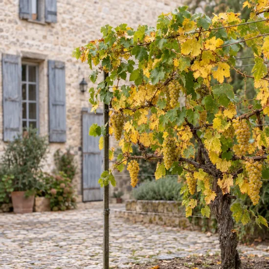 Cépage blanc 'Chenin' (Vitis vinifera) — pied de vigne palissé devant maison en pierre · Photo d'illustration