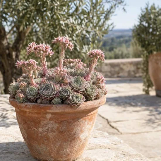 Joubarbe silver suede 'Chick charms silver suede' (Sempervivum) — succulente en pot sur terrasse en pierre · Photo d'illustration