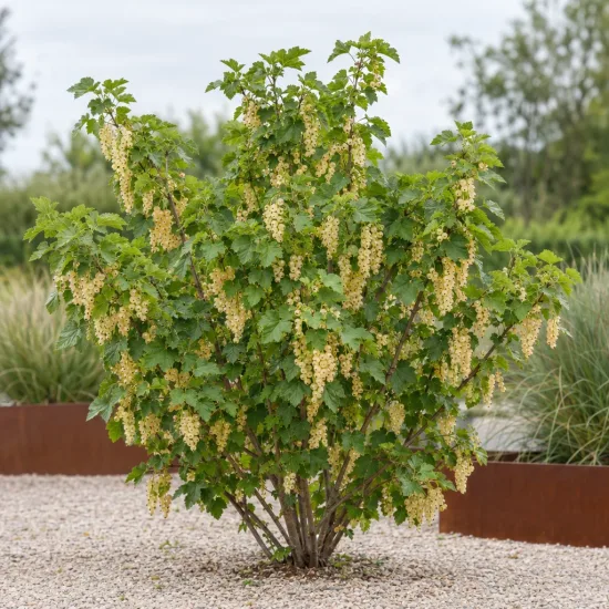 Groseillier à grappes 'Blanka' (Ribes rubrum) — arbuste fruitier avec nombreuses grappes claires au jardin · Photo d'illustration