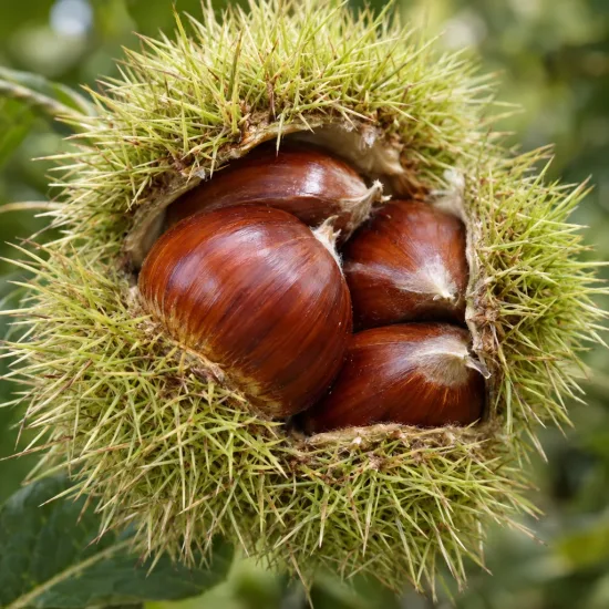 Châtaigner 'Precoce migoule' (Castanea sativa) — bogue ouverte laissant voir plusieurs châtaignes brillantes · Photo d'illustration